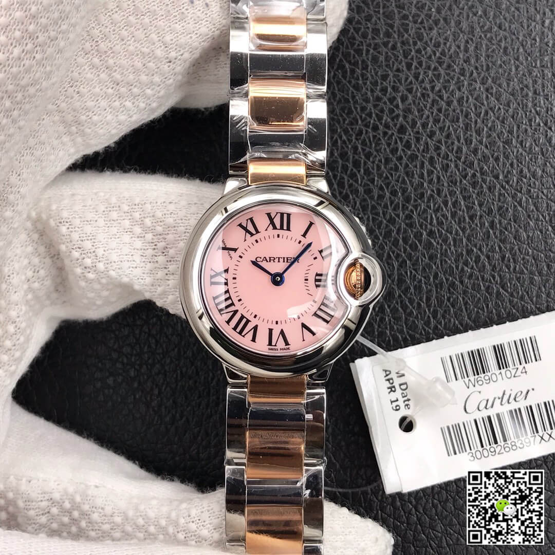 Replica Ballon Bleu De Cartier 28MM 1:1 Best Edition V8 Pink Dial Gold Strap - DEEPREPS