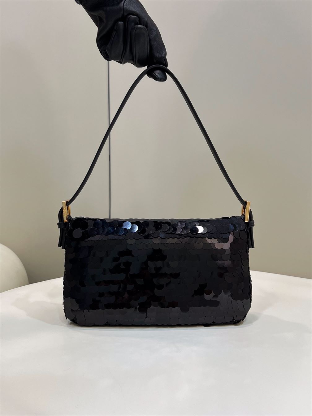 FENDI BAGUETTE BLACK SEQUIN AND LEATHER BAG   F003 - DEEPREPS