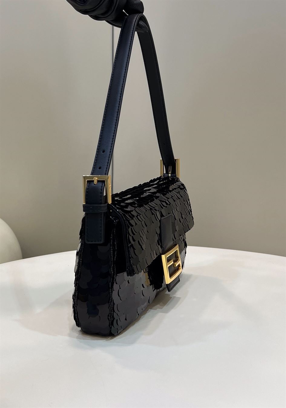 FENDI BAGUETTE BLACK SEQUIN AND LEATHER BAG   F003 - DEEPREPS