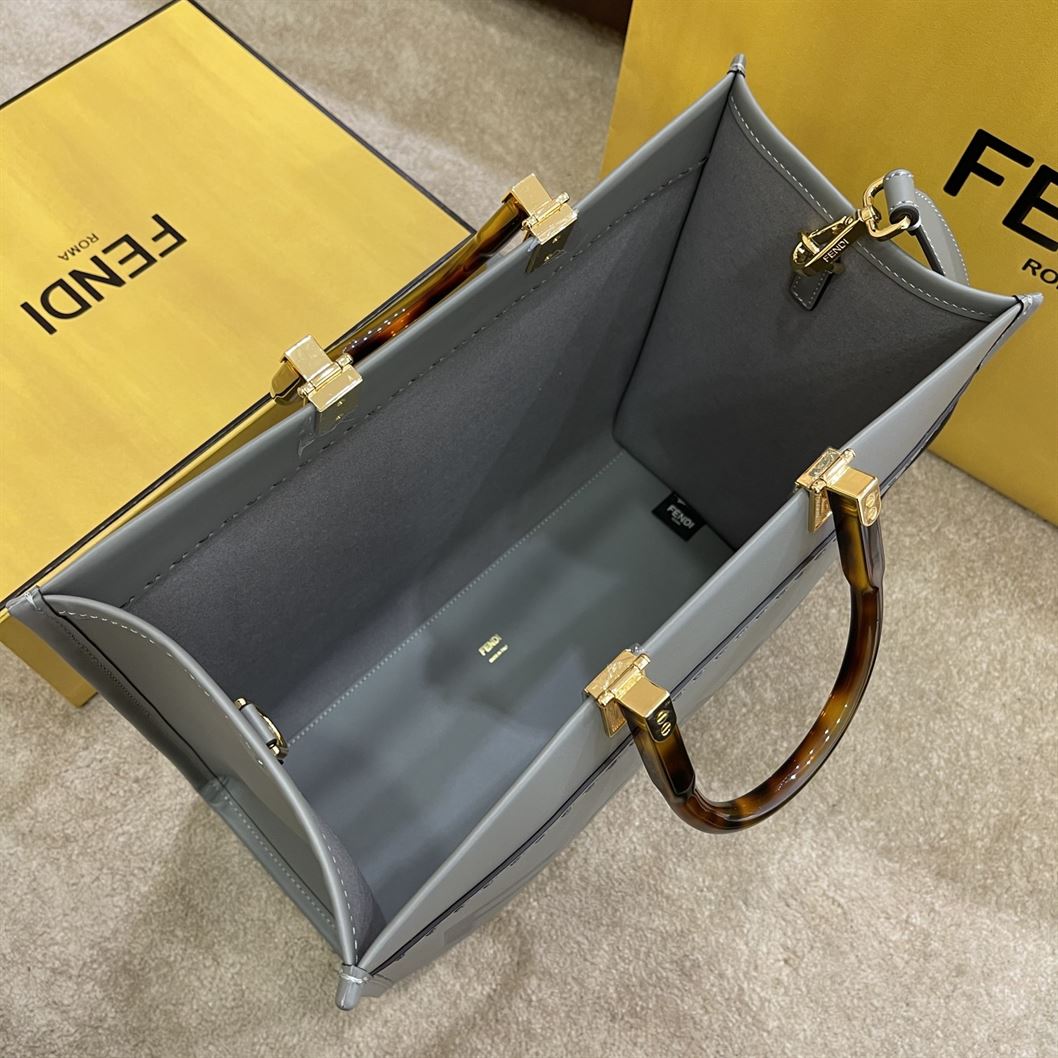 FENDI SUNSHINE MEDIUM GREY LEATHER SHOPPER BAG   F016 - DEEPREPS