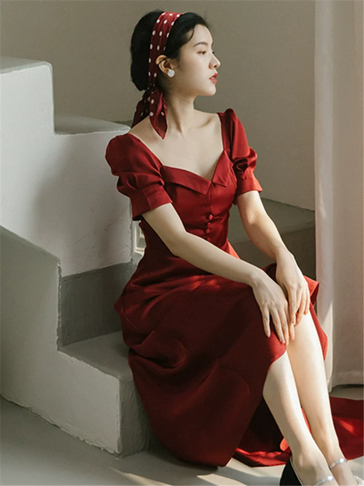 Premium Satin  Red Dress Registration Certificate Engagement Dress Bridal Toast Dress Return Door Dress Dress