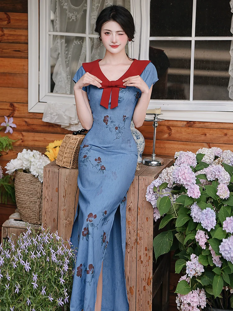 Huge beautiful skirt, new Chinese long dress,  blue floral age-reducing dress, summer women's 2026 new hip skirt