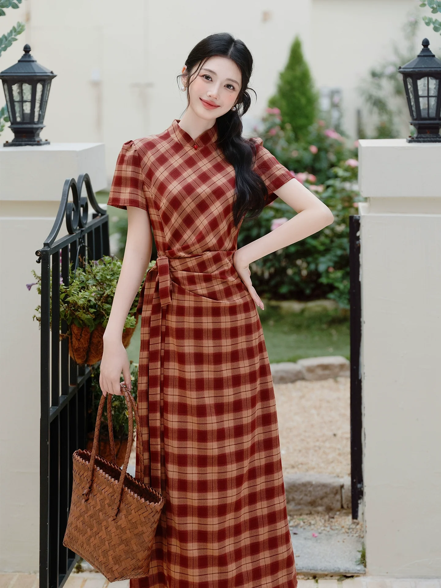 New Chinese national style improved cheongsam temperament dress women's retro plaid dress summer unique and beautiful waist skirt