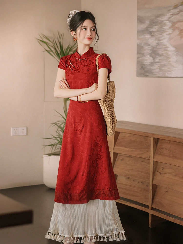 New Chinese red fake two pieces improved cheongsam women's fringed splicing temperament dress morning robe bride engagement dress