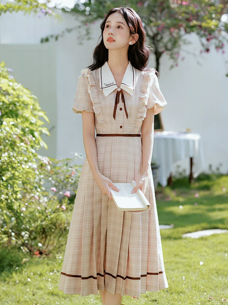 Summer great-looking age-reducing dress Zixia women's literature and art JK college retro embroidery plaid A-shaped skirt looks thin
