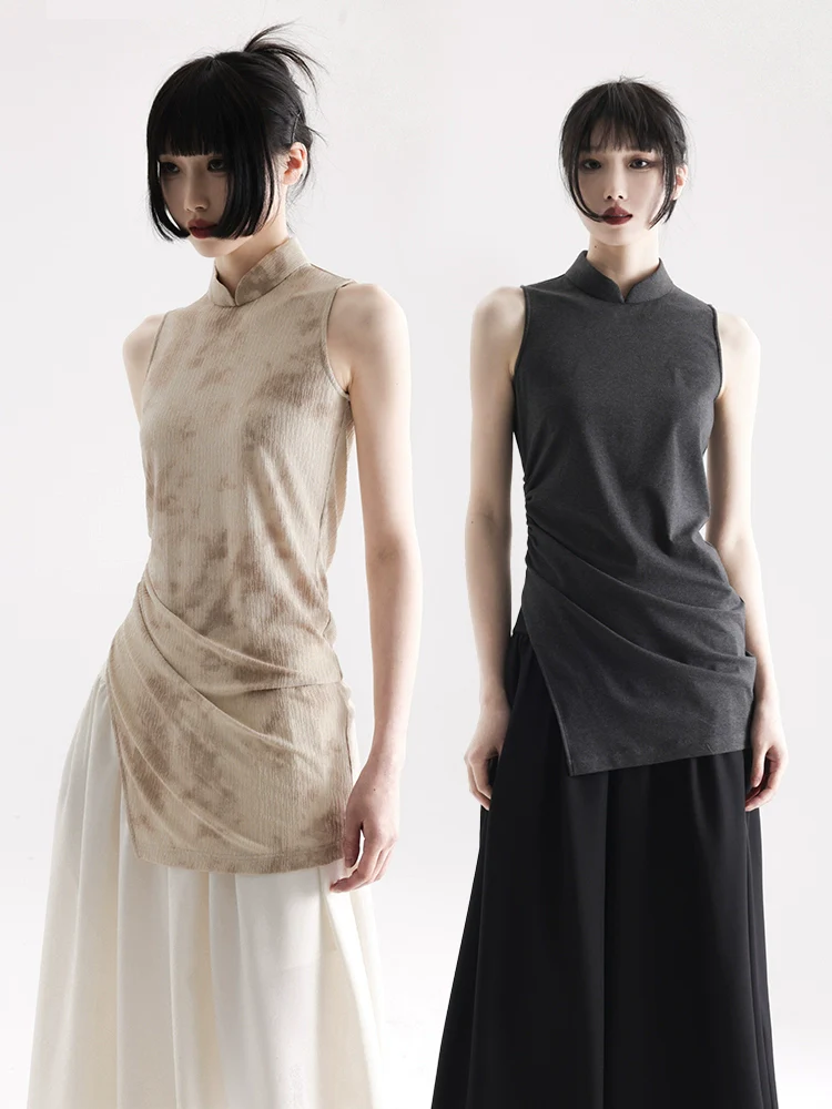 APOZi collection untitled landscape series, new Chinese style T-shirt knitted cheongsam thin top women