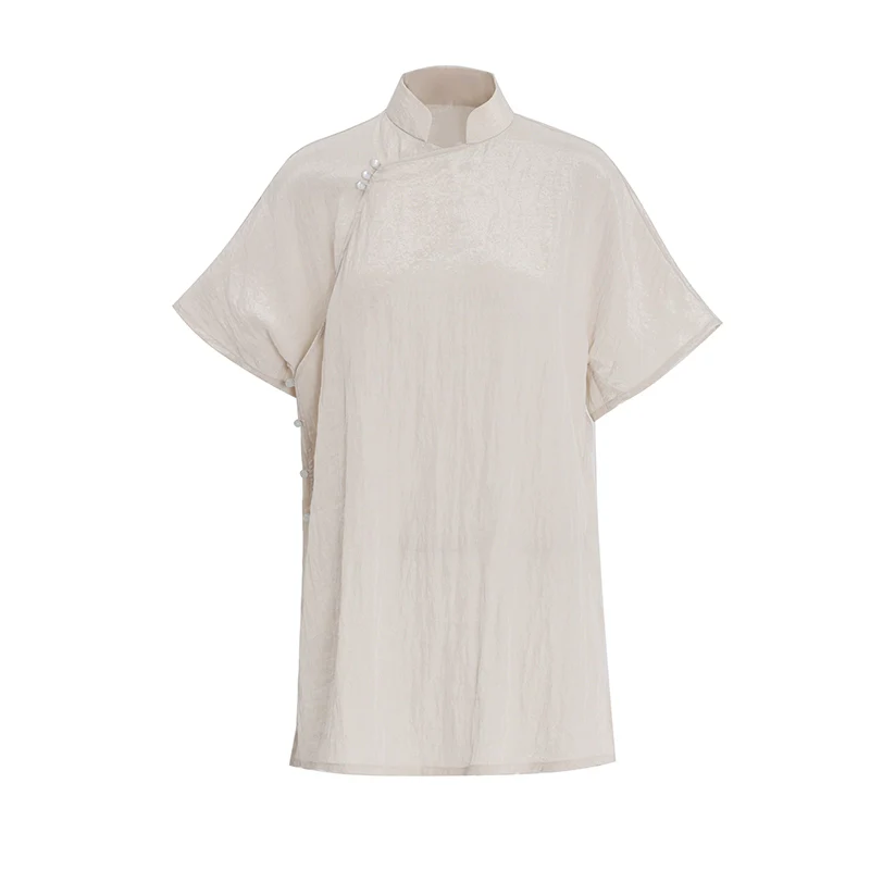 APOZi collection untitled landscape series stand-up collar diagonal silk one-piece new Chinese top women