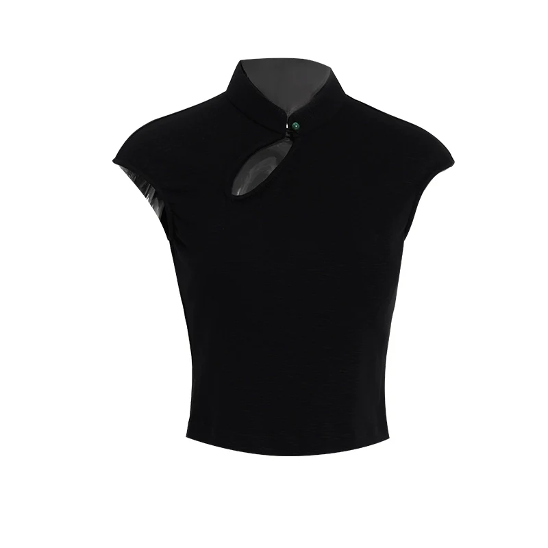 APOZi collection new Chinese stand-up collar short sleeve summer retro flying sleeve hollow top