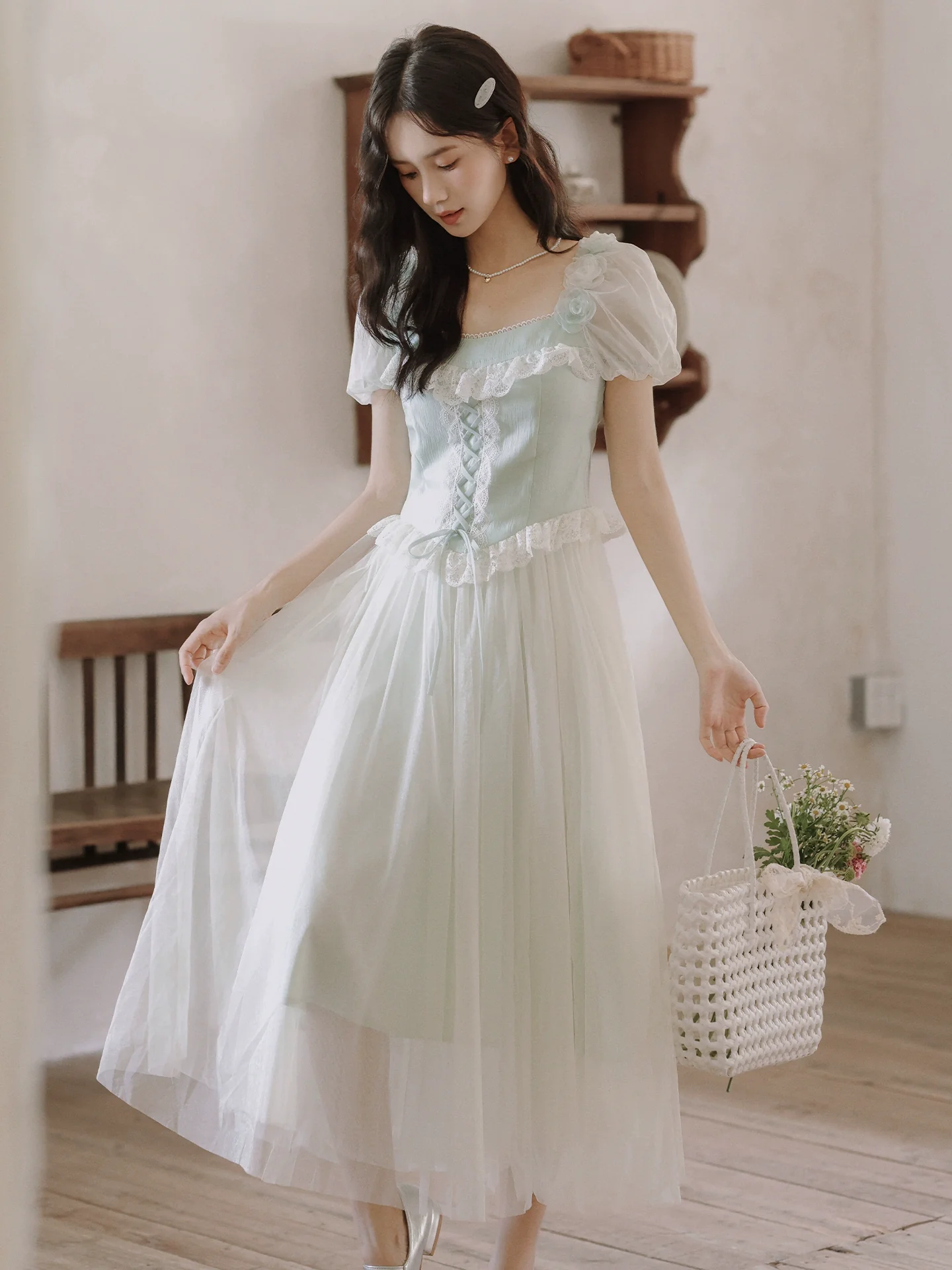 lace tulle dress designer fairy long dress Mori Lolita vintage princess dress