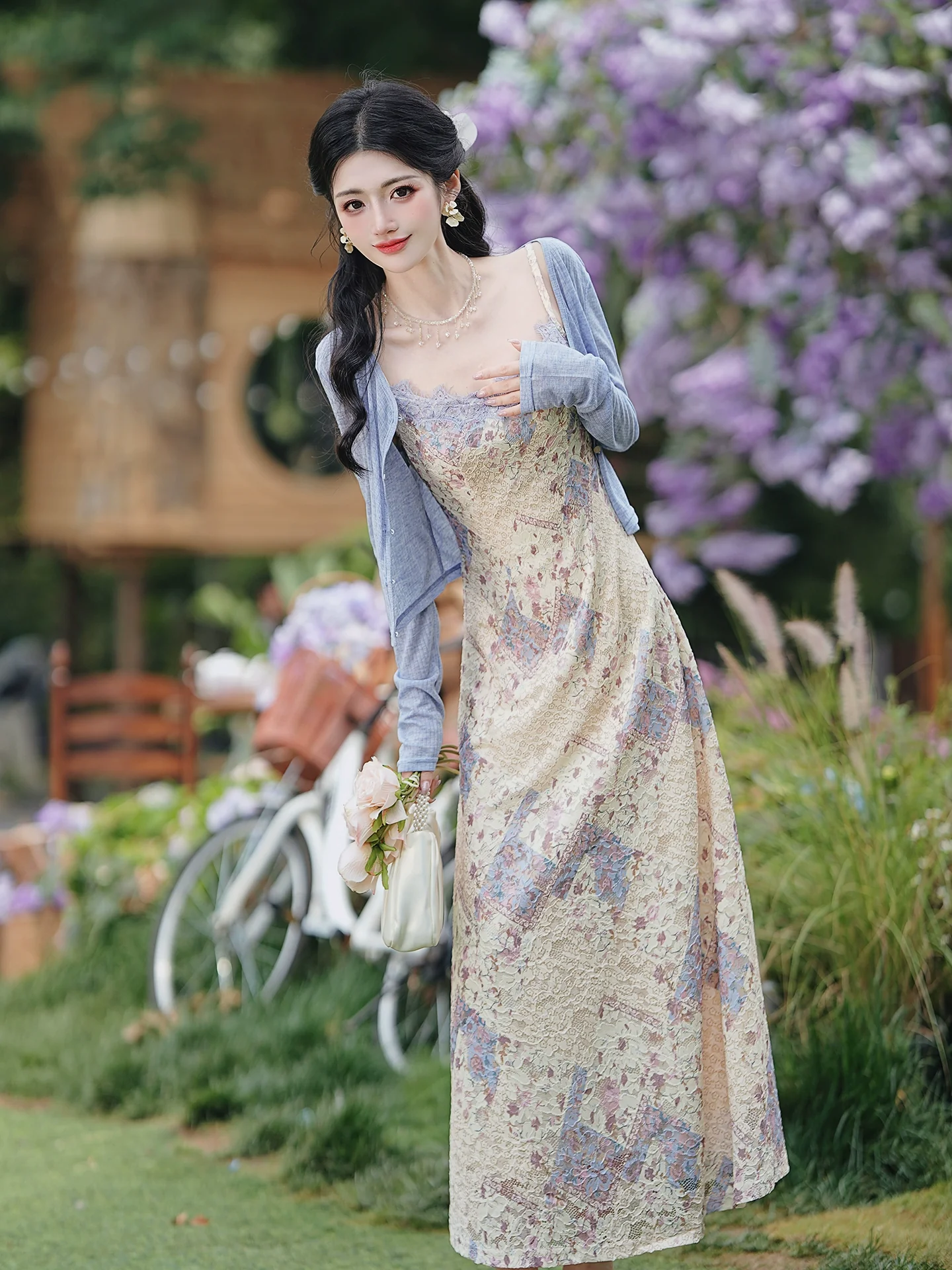 Huge good-looking  lace floral dress temperament beautiful long dress children's vacation style suspender and cardigan set