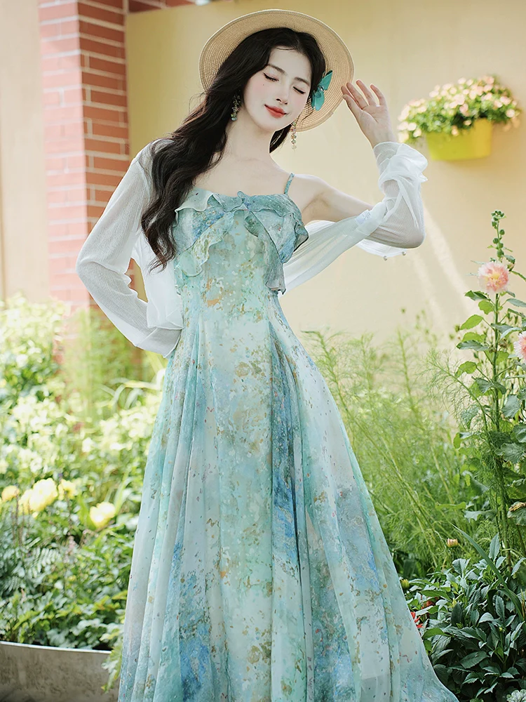 floral suspender long dress women's clothing 2026 summer new waist and thin holiday style oil painting coffee break dress