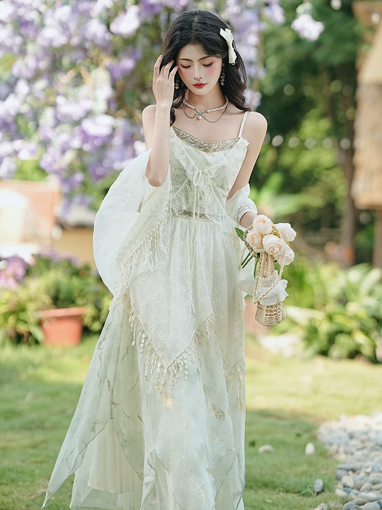 2026 Huge beautiful summer dress exotic style wear seaside vacation  lace embroidered suspender skirt set