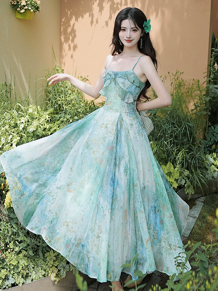 floral suspender long dress women's clothing 2026 summer new waist and thin holiday style oil painting coffee break dress