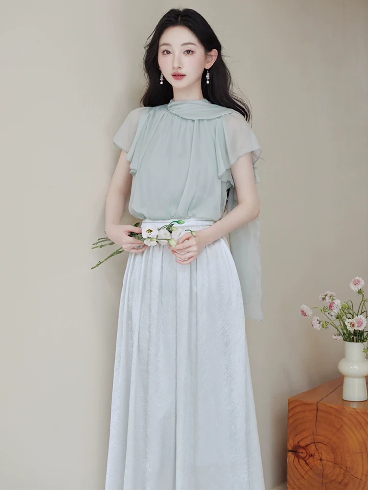 pure mint green temperament top niche designer beautiful fairy fake two tulle dress