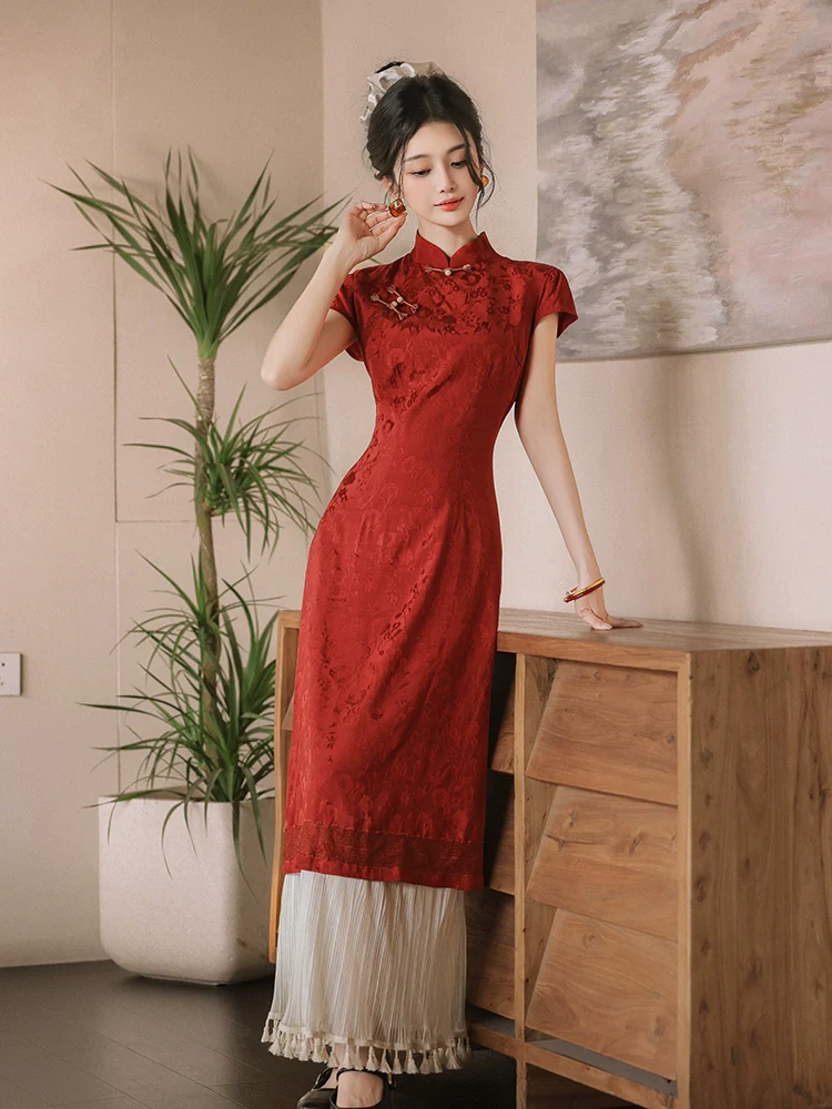 New Chinese red fake two pieces improved cheongsam women's fringed splicing temperament dress morning robe bride engagement dress