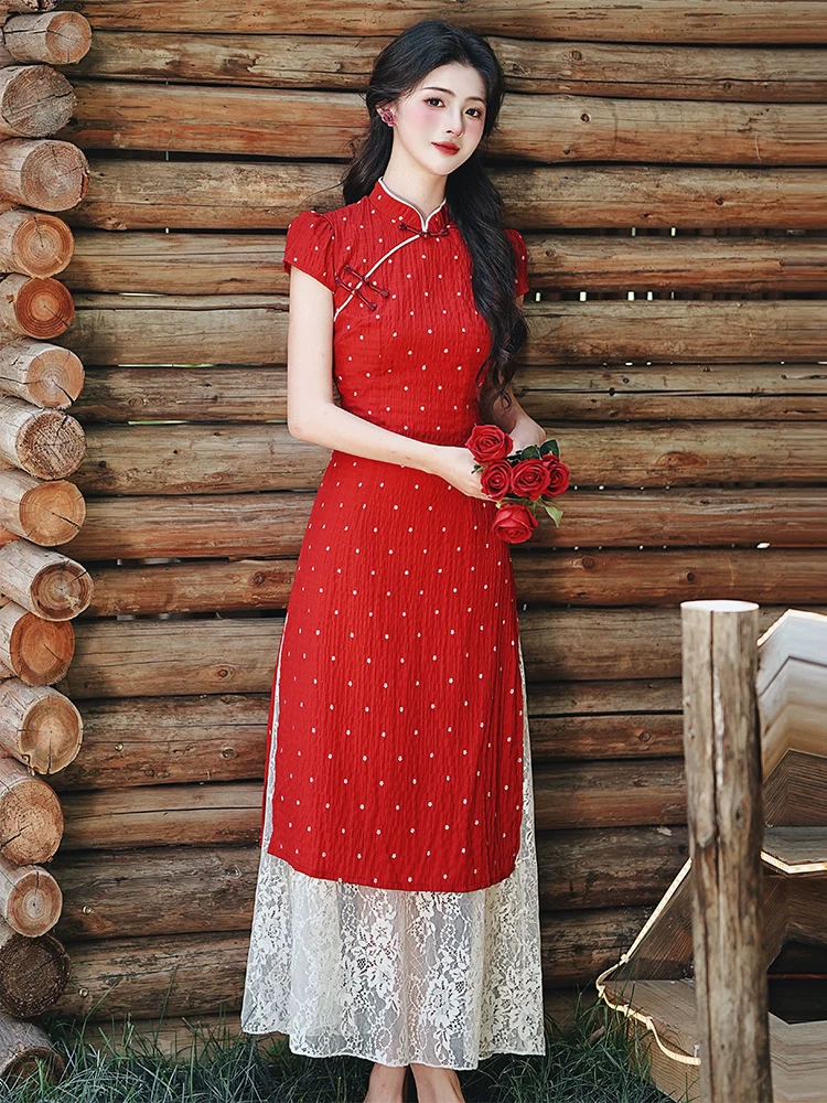 New Chinese dress, red cheongsam toast, fake two-piece lace dress, temperament waist polka dot thin dress
