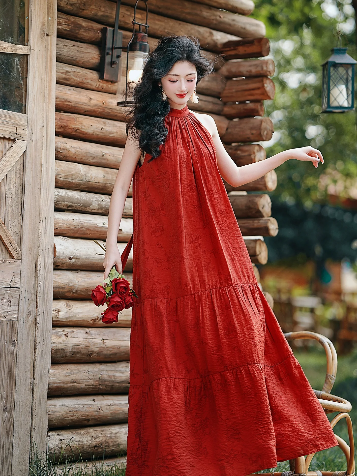 Yunnan and Xinjiang travel wear great-looking  vacation desert red skirt red neck dress with shawl