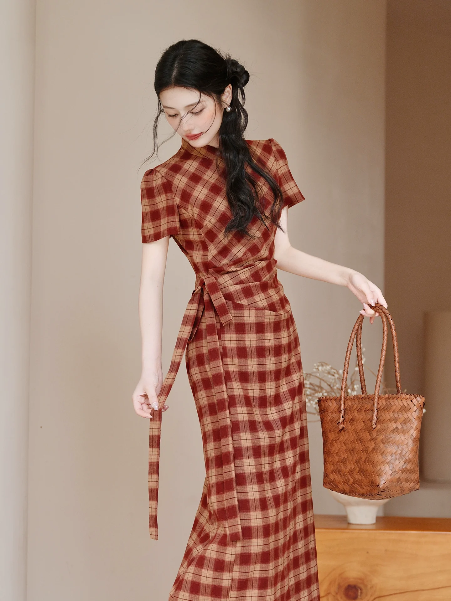 New Chinese national style improved cheongsam temperament dress women's retro plaid dress summer unique and beautiful waist skirt