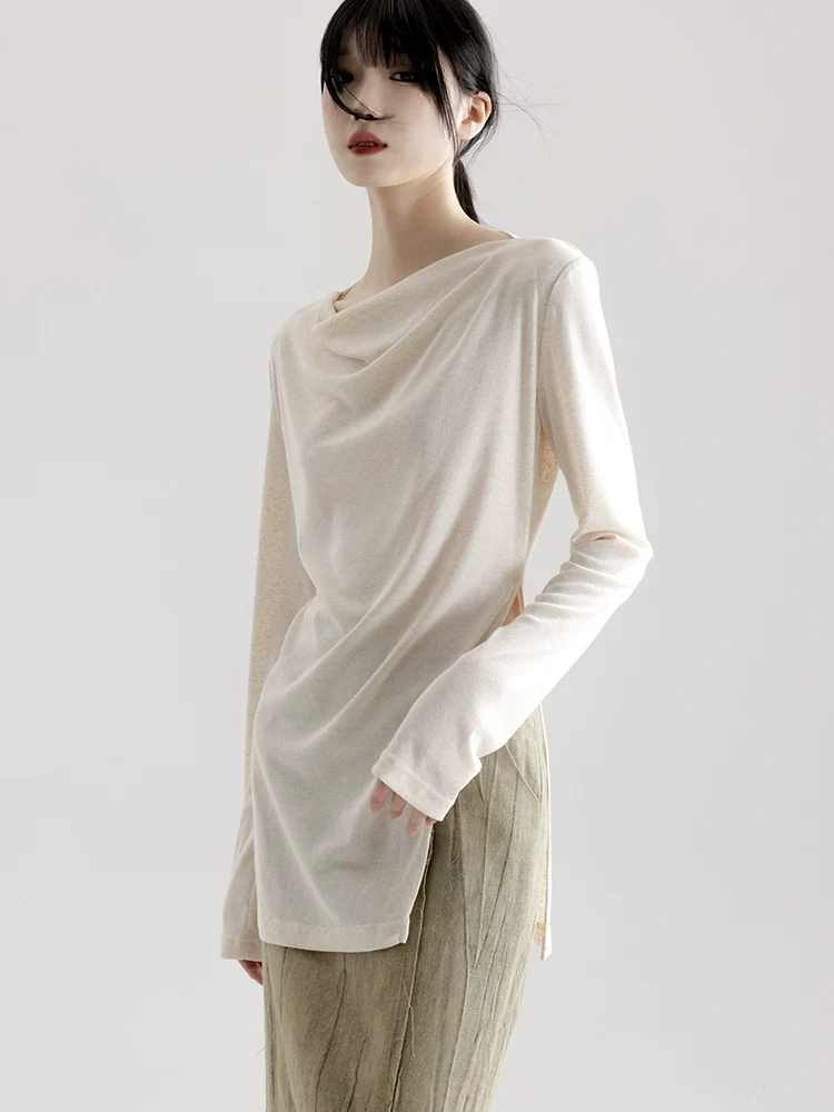 APOZi collection time series new Chinese swing neck long-sleeved t-shirt women's loose and thin knitted top