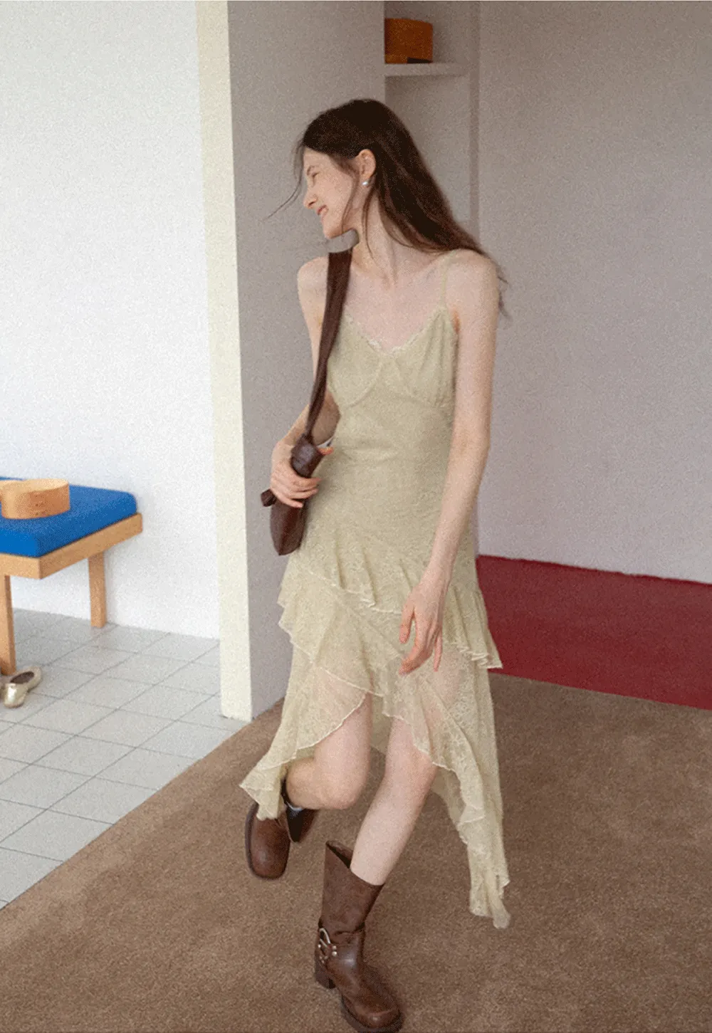 Lace Ruffle Asymmetrical Slip Dress