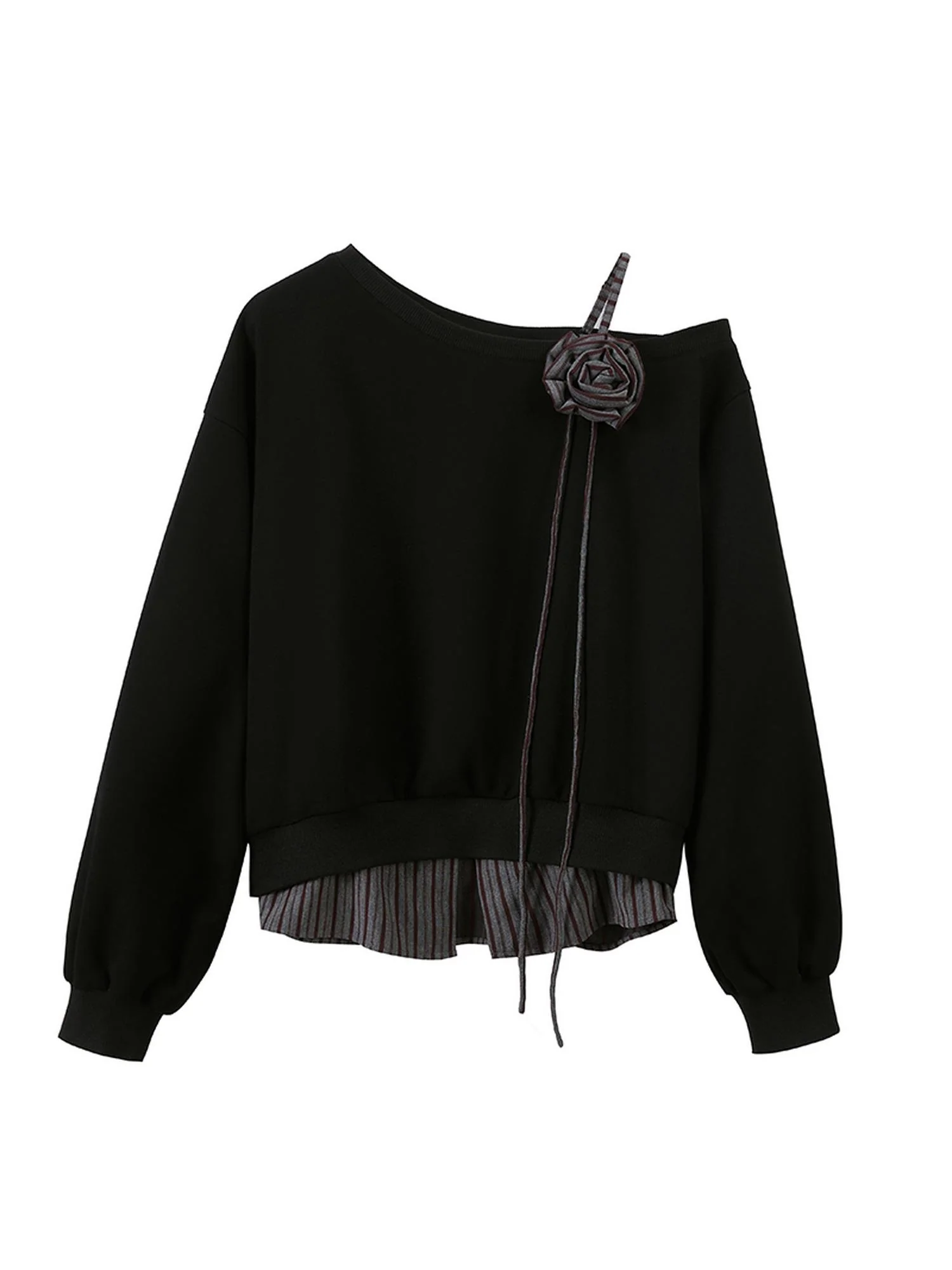 Slanted Shoulder Floral Ribbed Hem Sweatshirt