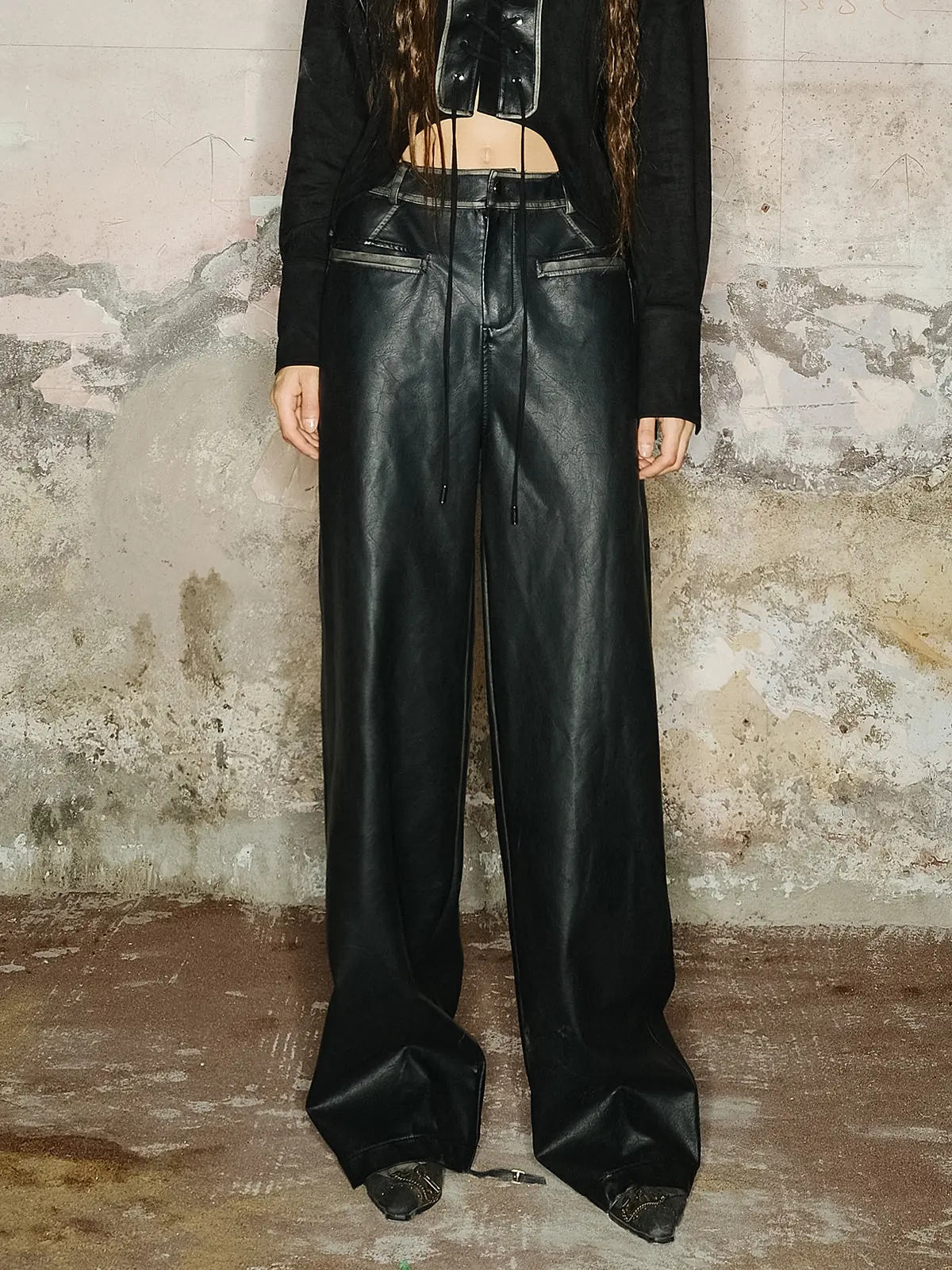 Straight Leg Faded Wide Cuff Leather Pants