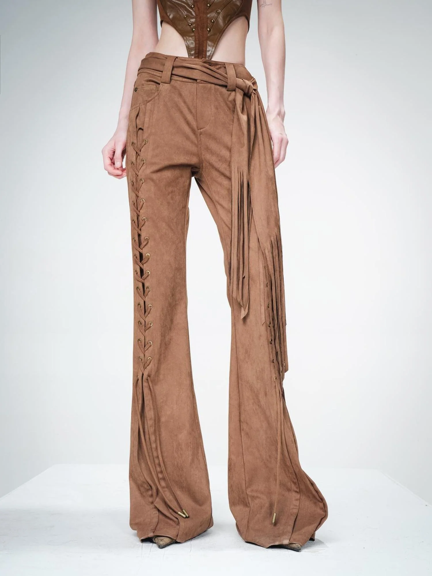 Suede Flared Trousers with Detachable Waist Sash and Lacing Detail
