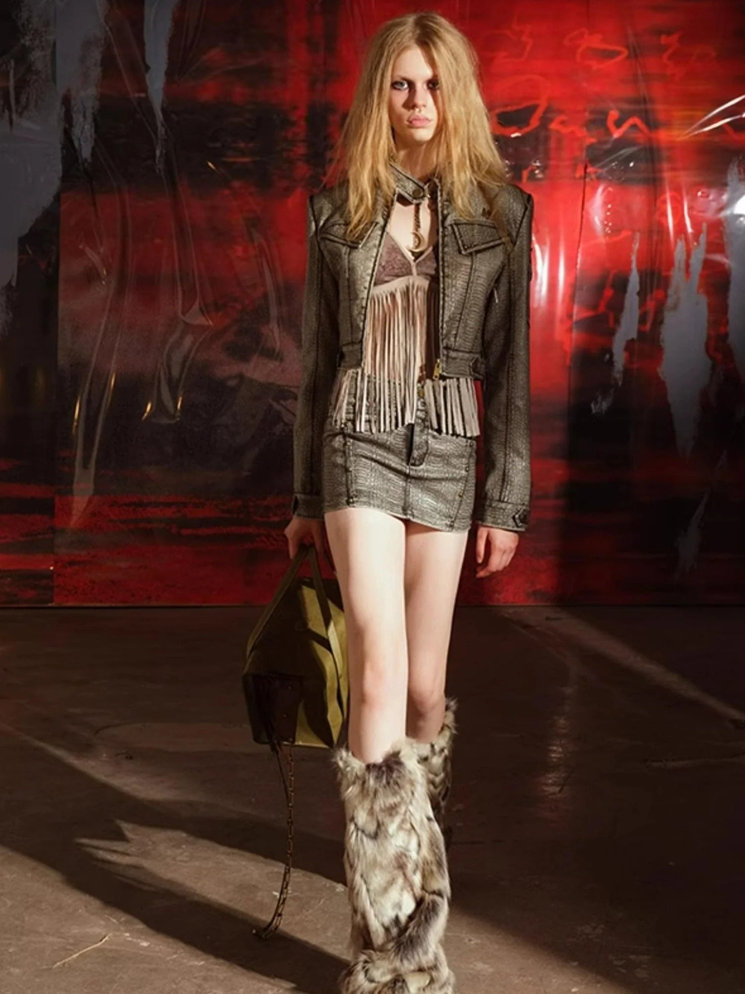 Crocodile Texture Leather Jacket Skirt Set