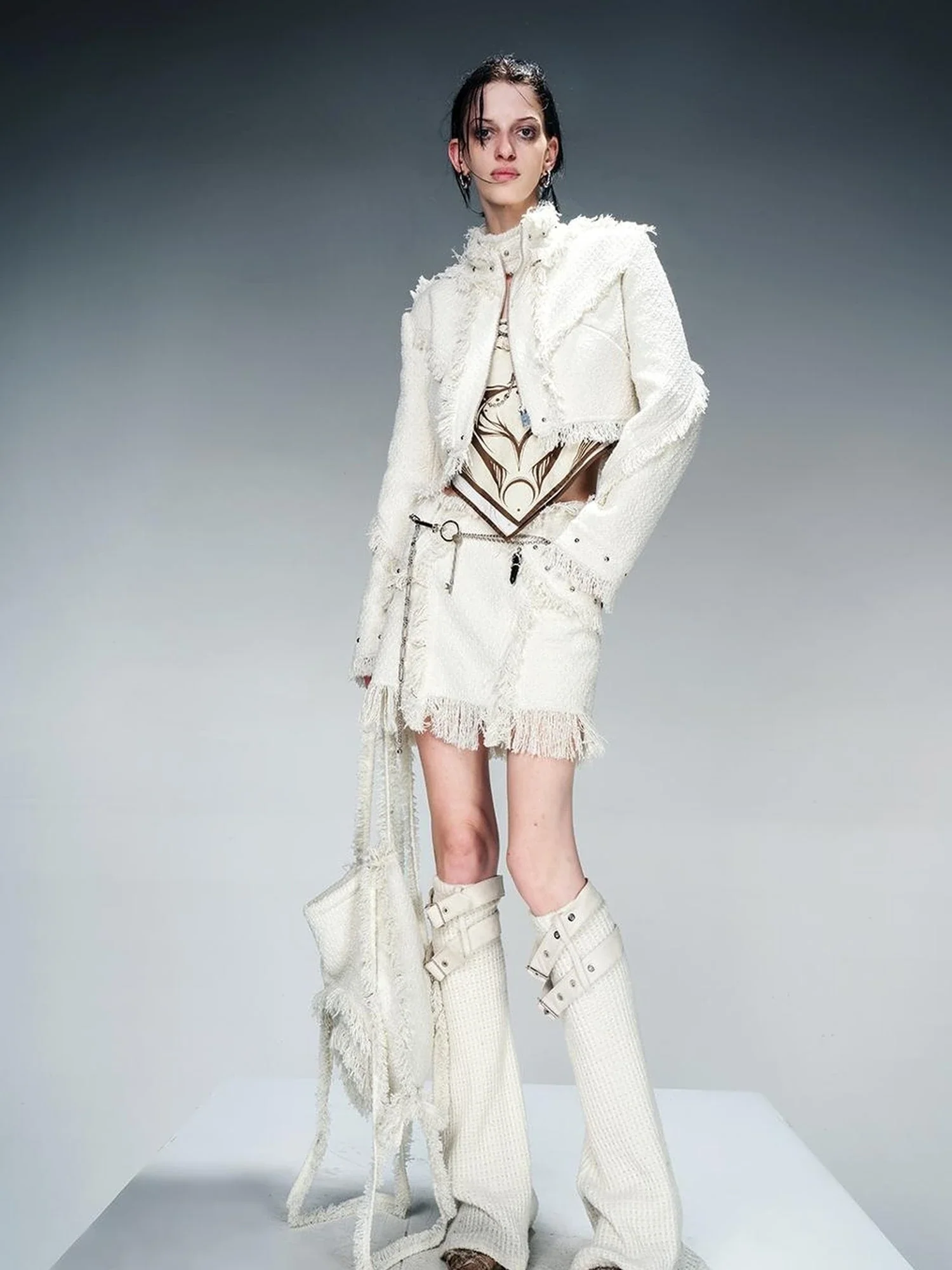 Fringed Tweed Set Edgy Jacket Asymmetric Skirt