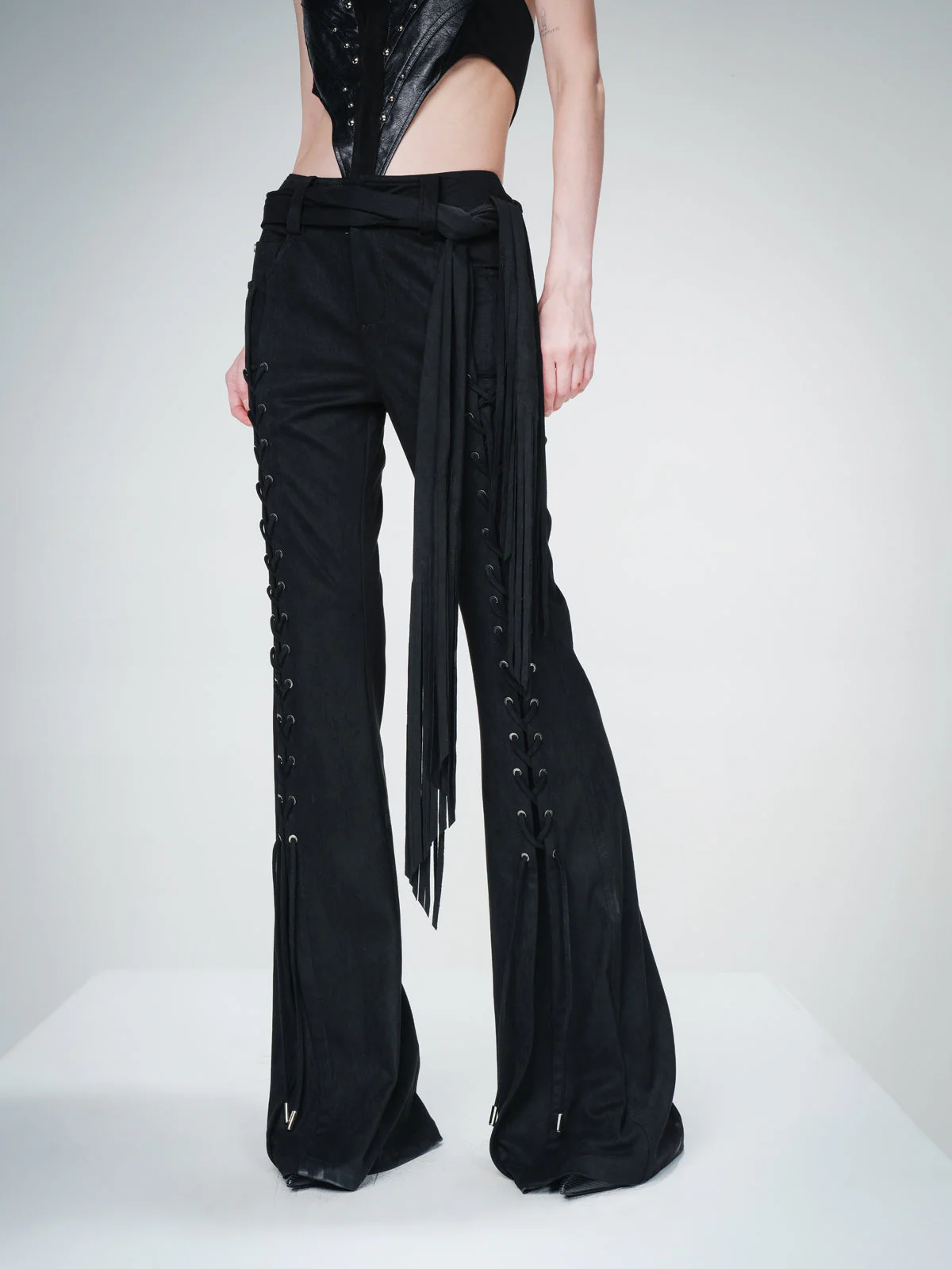 Suede Flared Trousers with Detachable Waist Sash and Lacing Detail