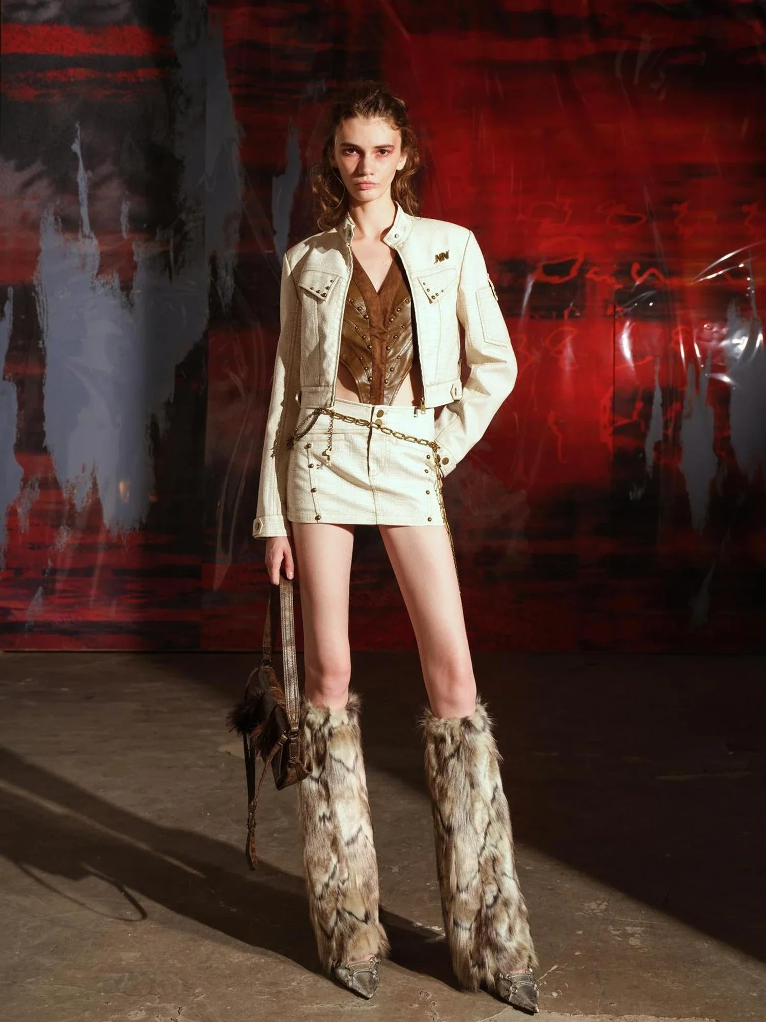 Crocodile Texture Leather Jacket Skirt Set
