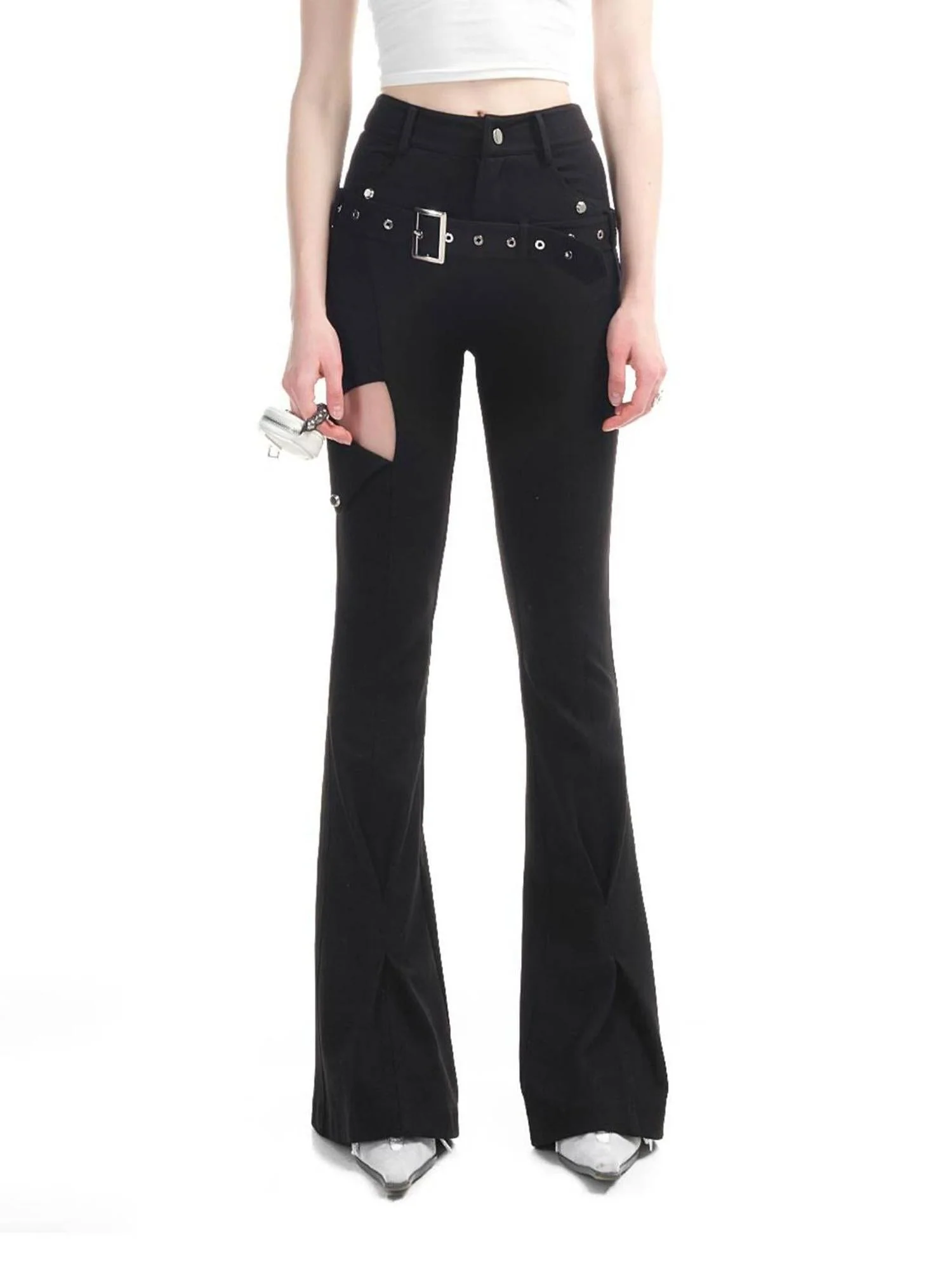 Slim Flare Denim Knit High Waist Trousers