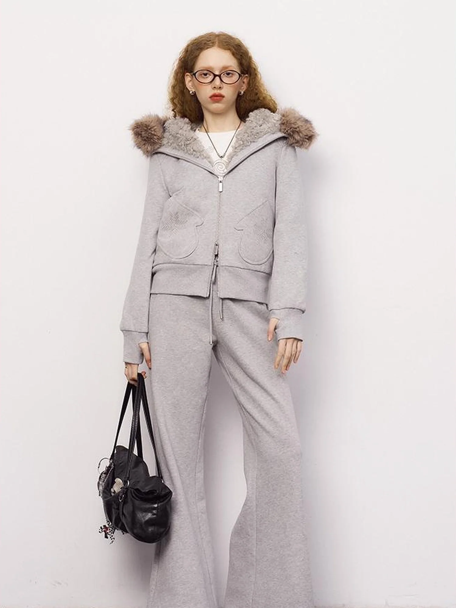Detachable Fur Hood Snowflake Pocket Fleece Hoodie Set
