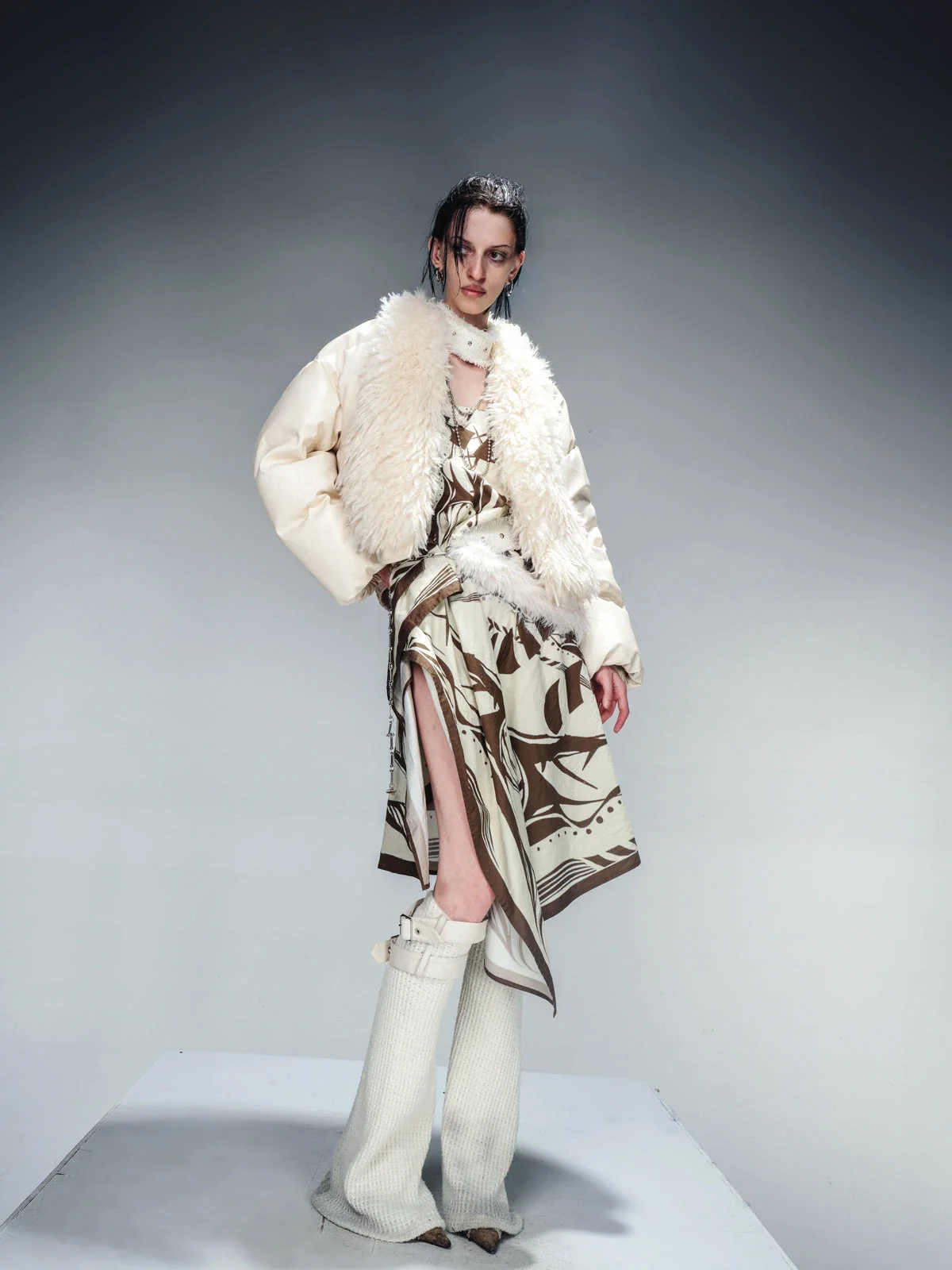 Short Puffer Jacket With Eco Fur Trim And Textured Leather