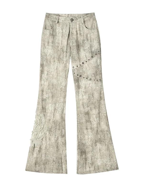 Vintage Punk Distressed Embroidered Rose Flared Pants Low-Rise Jeans
