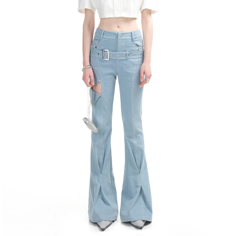 Slim Flare Denim Knit High Waist Trousers