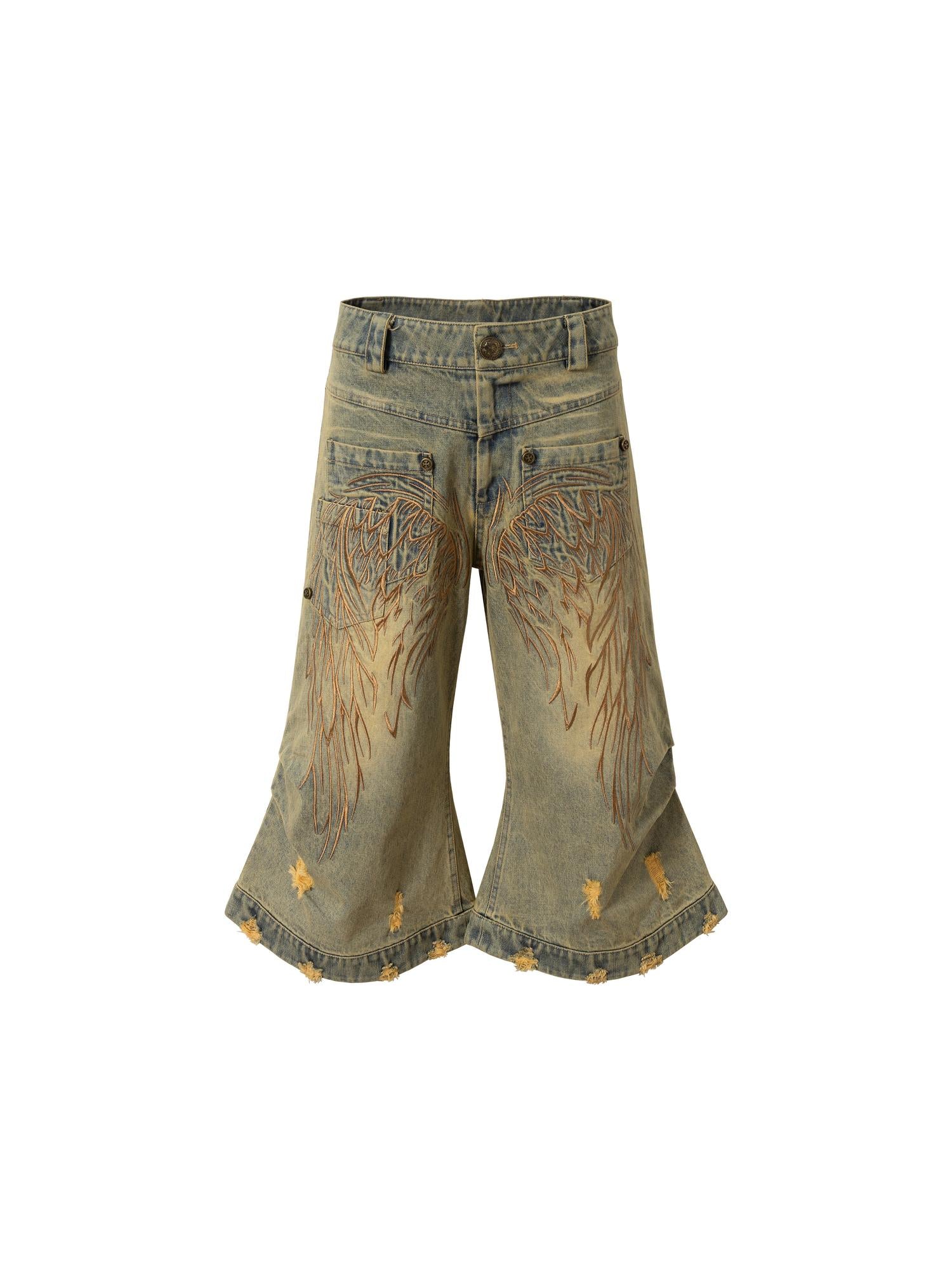 Vintage Punk Street Distressed Embroidered Wide Leg Cropped Jeans