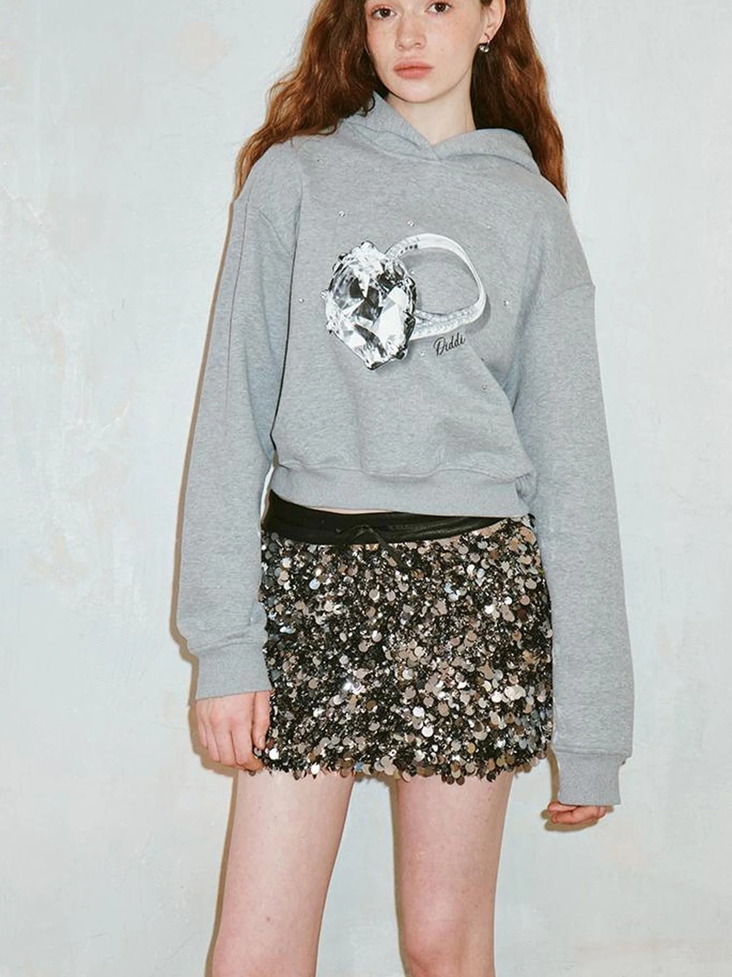 Sparkling Diamond Print Cropped Hoodie