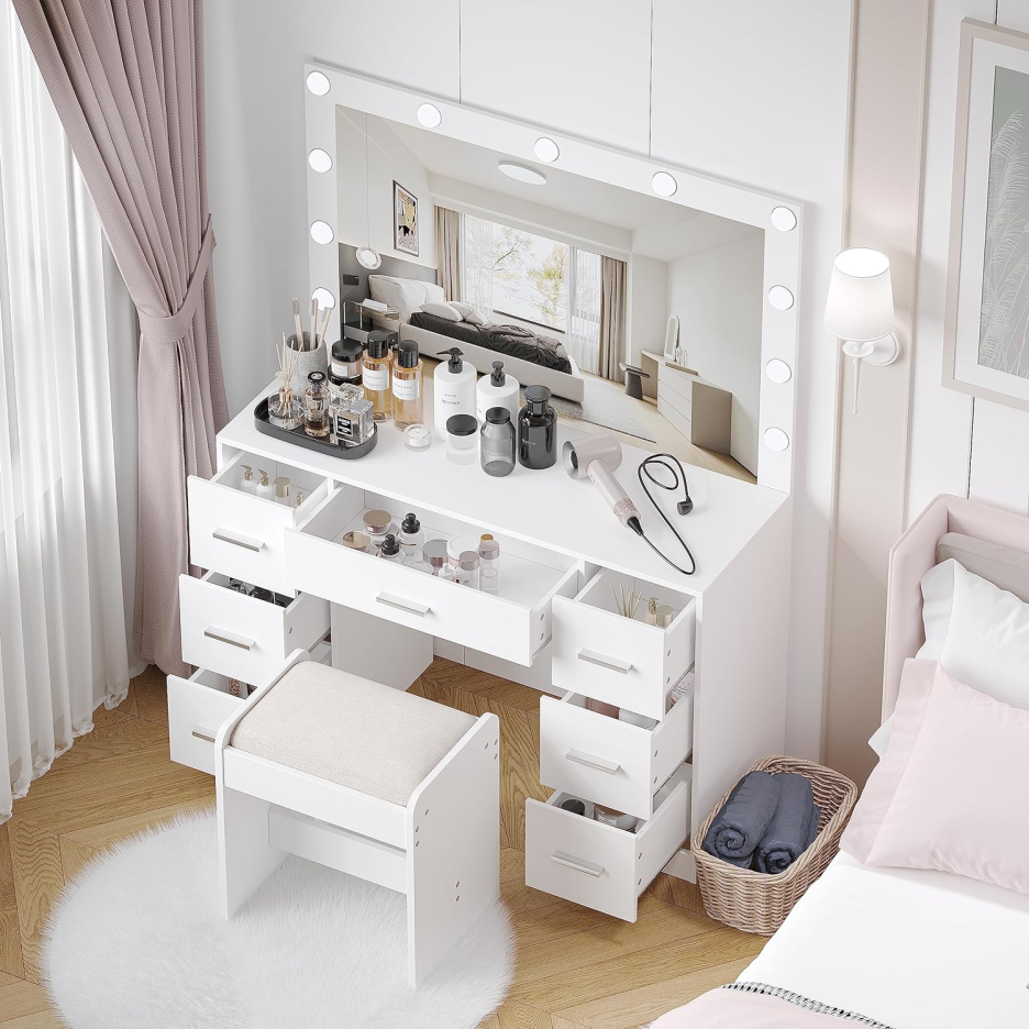 Vanity Desk with Stool. Makeup Table with Lighted Mirror. 3 Color Lighting Modes. Brightness Adjustable. Dressing Table