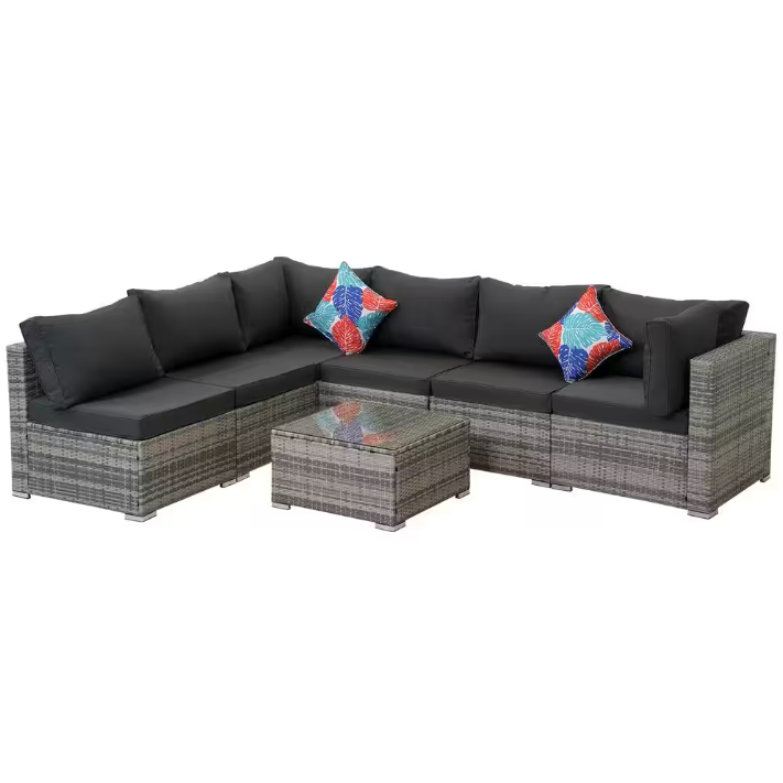 7-Piece Gray Wicker Outdoor Furniture Sectional Sofa with Dark Gray Cushion and Coffee Table