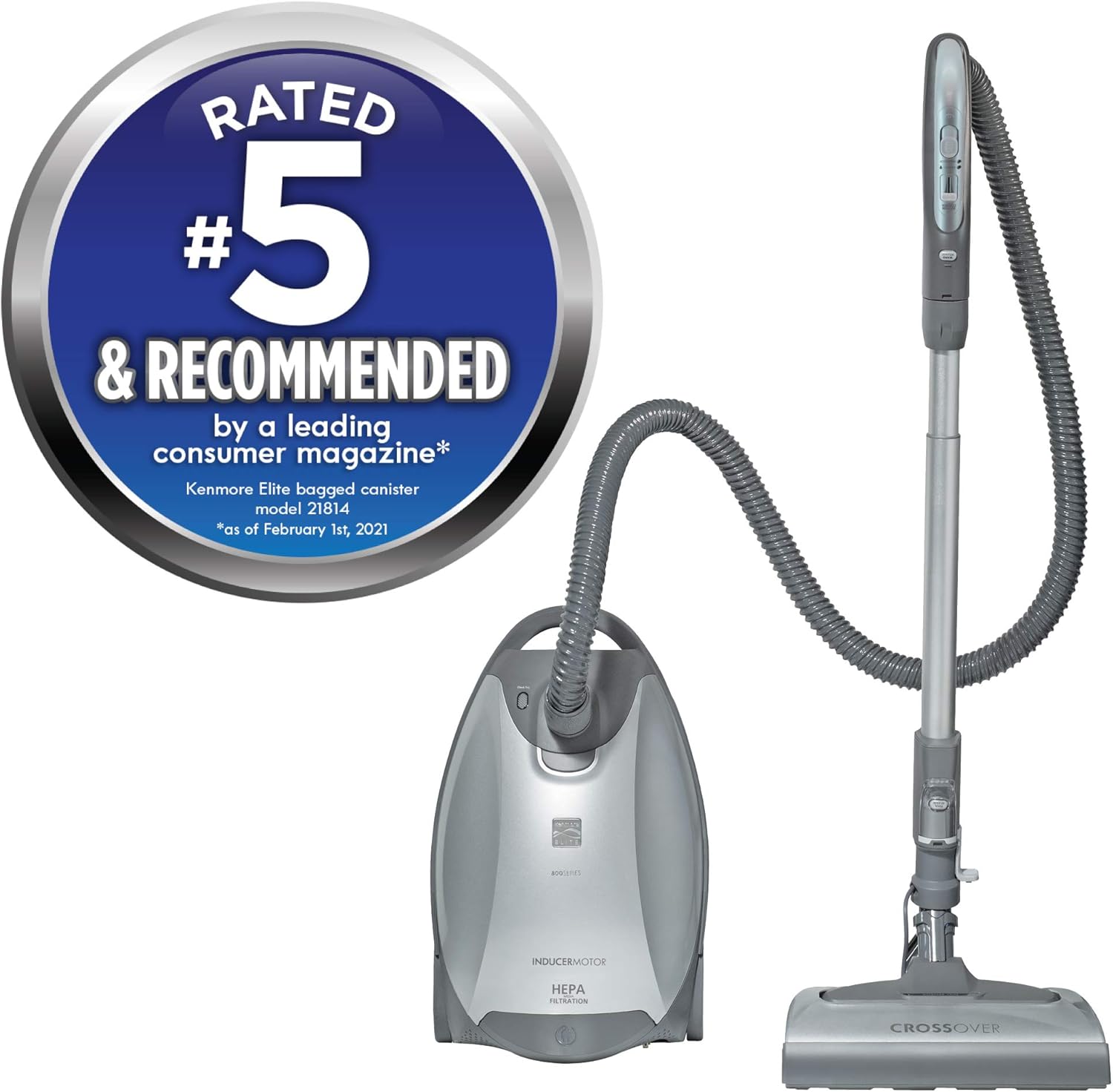 Kenmore Elite 21814 Pet Friendly CrossOver Lightweight Bagged HEPA Canister Vacuum with Pet PowerMate. Extended Telescoping Wand. Retractable Cord. 2 Floor Nozzles. and 4 Cleaning Tools-Silver/Gray