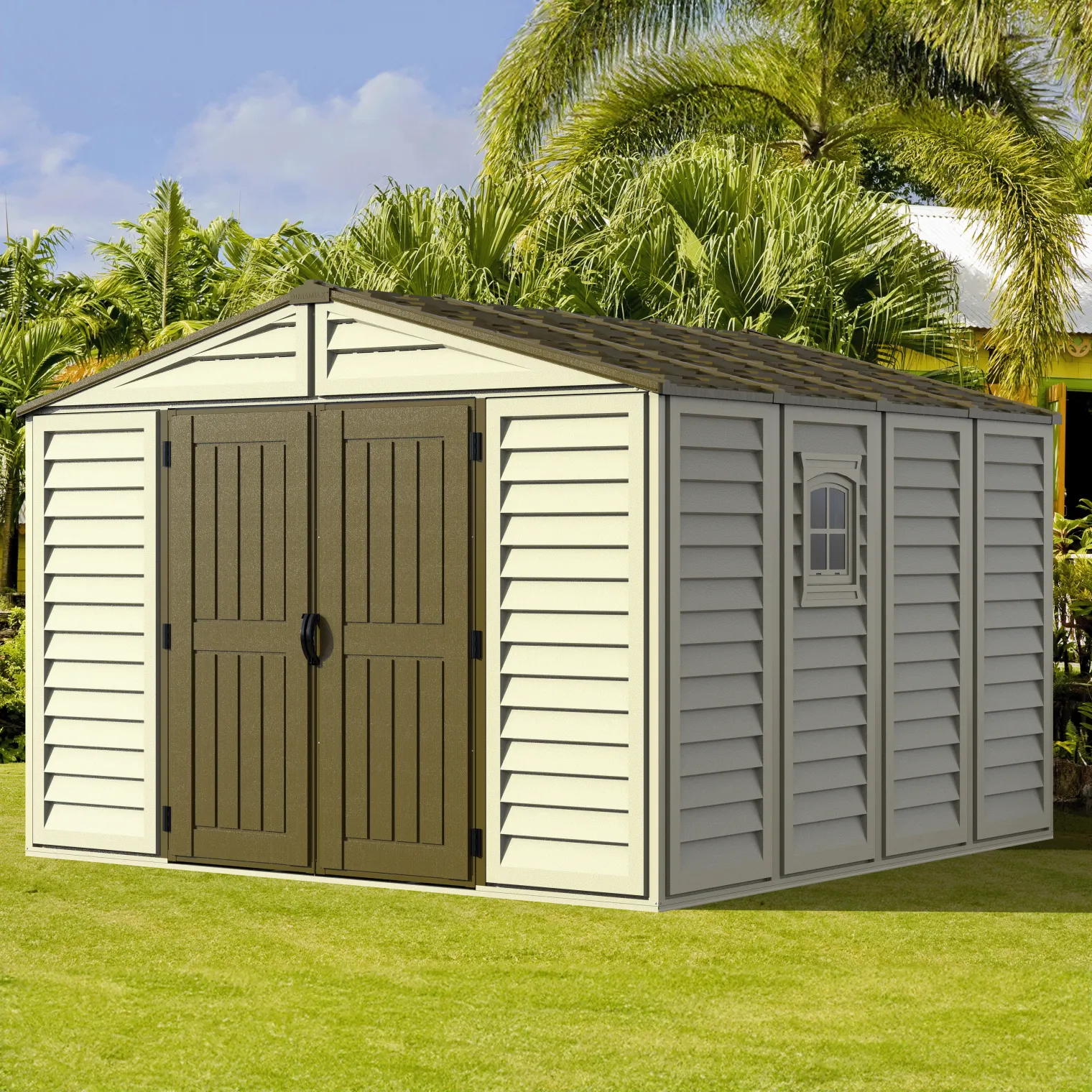 DuraMax 10.5ft x 10.5 ft Woodbridge Plus Vinyl Shed w/ Foundation Kit & Window
