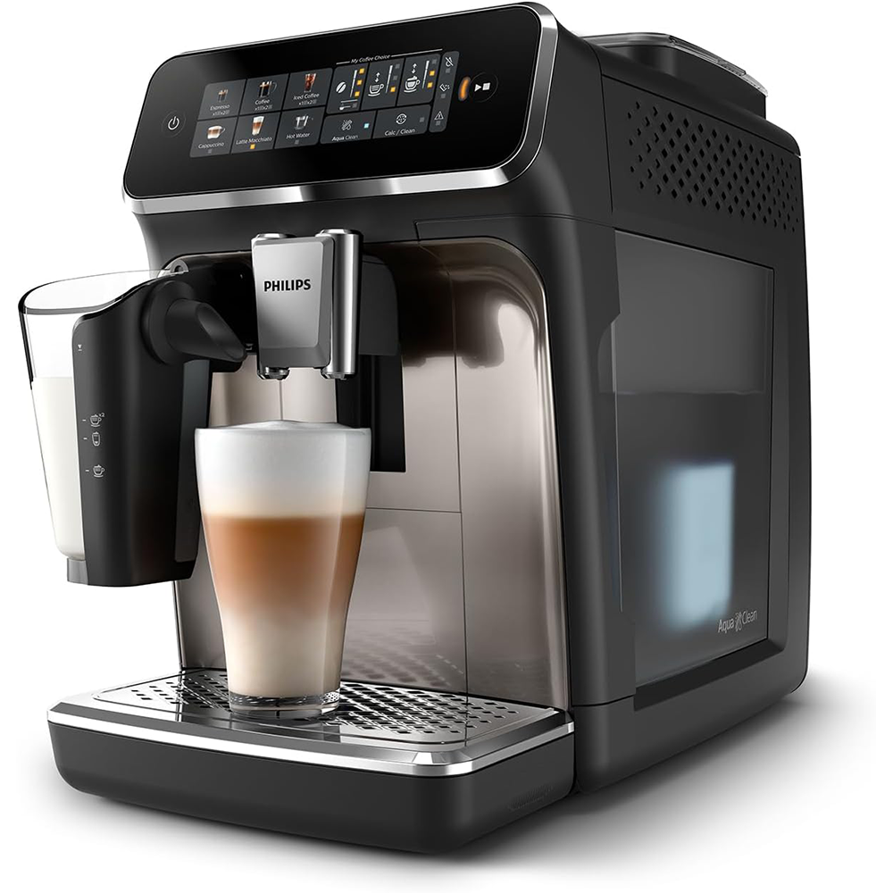Philips 3300 Series Fully Automatic Espresso Machine - 6 Drinks. Modern Colour Touch Screen Display. LatteGo Milk System. SilentBrew. 100% Ceramic Grinder. AquaClean Filter. Black Chrome (EP3347/90)