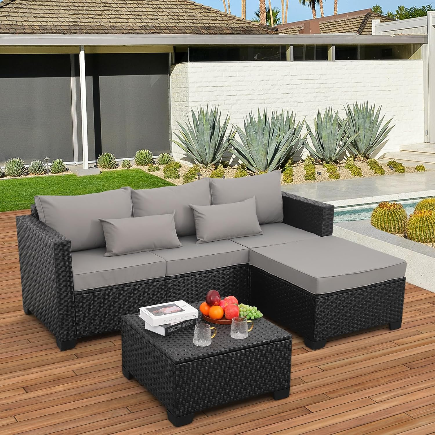 Rattaner Outdoor Furniture Set 3 Pieces Wicker Patio Furniture Outdoor Sectional Patio Couch Outdoor Coffee Table with Storage All-Weather Non-Slip Cushions Waterproof Covers