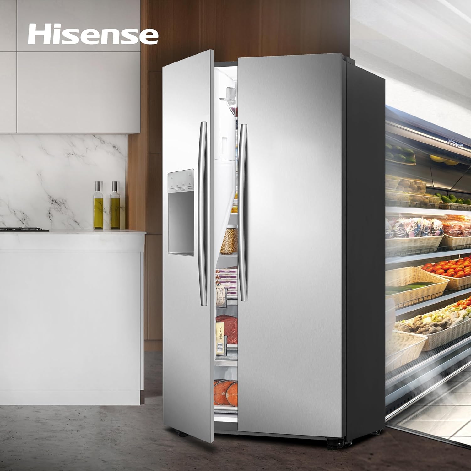 Hisense RS694N4ICE Freestanding American Side-by-Side Fridge Freezer - Total No Frost - Plumbed Water and Ice Dispenser - 562 liters - Stainless Steel - E Rated [Energy Class E]