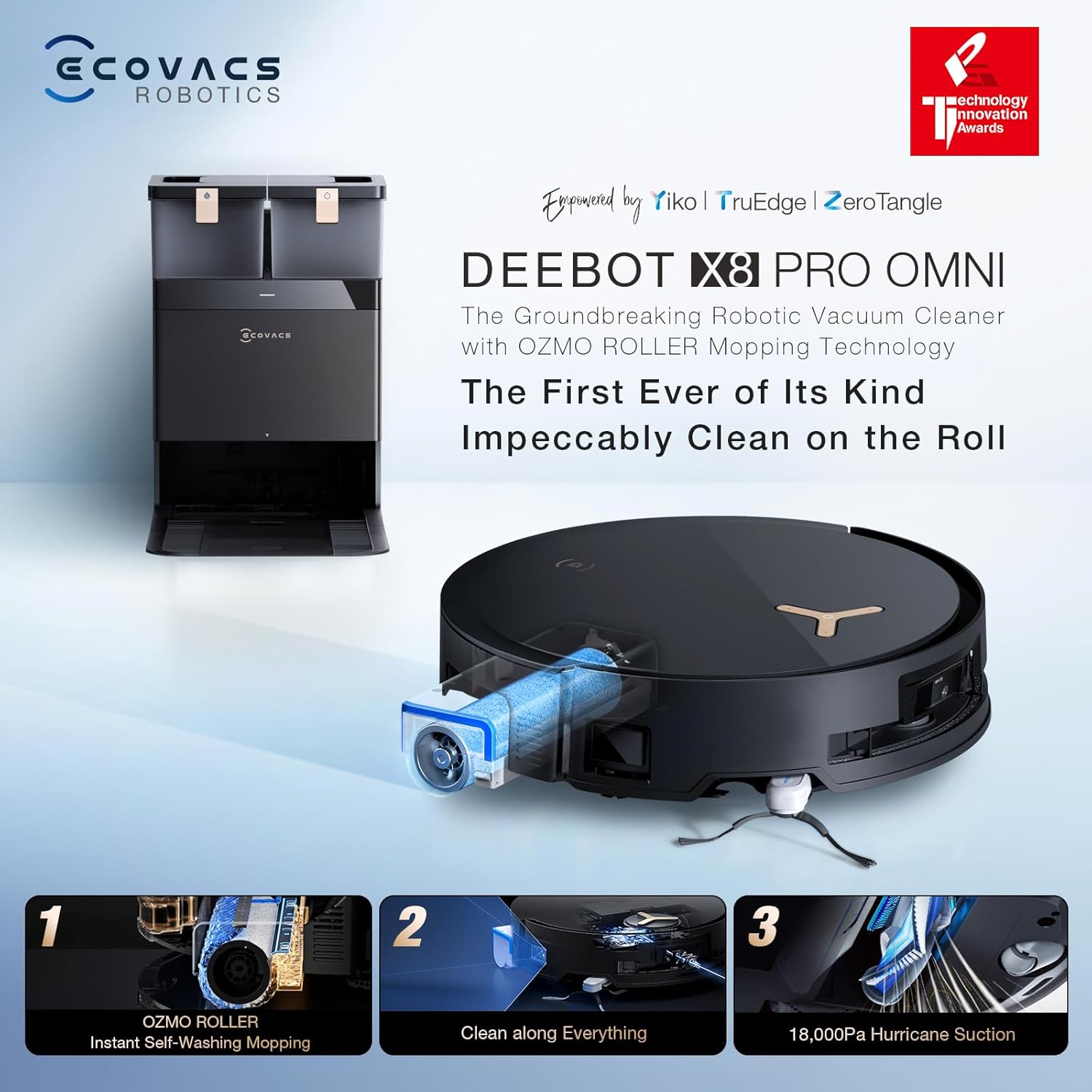 ECOVACS DEEBOT X8 PRO OMNI Robot Vacuum and Mop. 18000Pa. OZMO ROLLER Instant Self-Washing Mopping. 40-75℃ Hot Water Mop Washing. Auto Cleaning Solution Adding. Hot Air-Drying. Self-Emptying. Black
