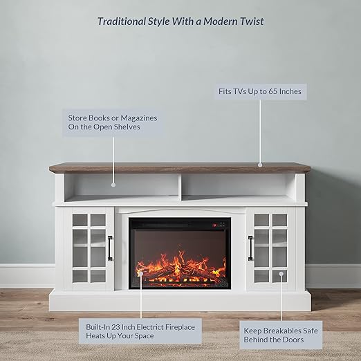 BELLEZE 58 TV Stand with 23 Electric Fireplace. Fireplace TV Console for TV up to 65. Home Entertainment Center with Storage Cabinet and Adjustable Shelves - Astorga (White)
