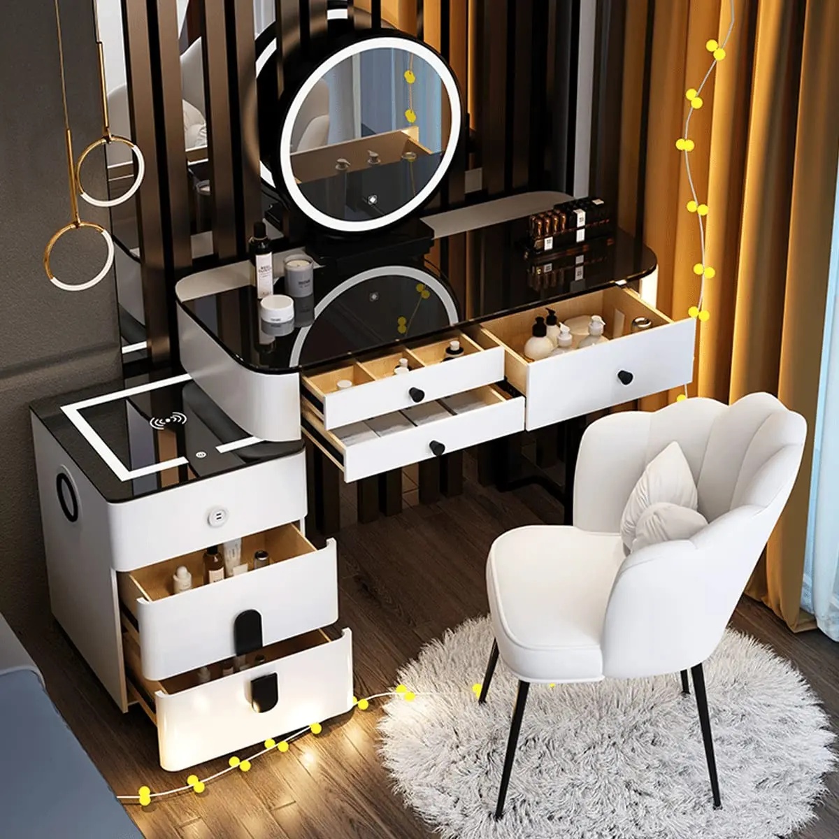 Makeup Vanity Desk Set. With 3 Color LED Lights Mirror. With Cushioned Stool. for Family Bedroom. for Her (120CM/47.2IN)