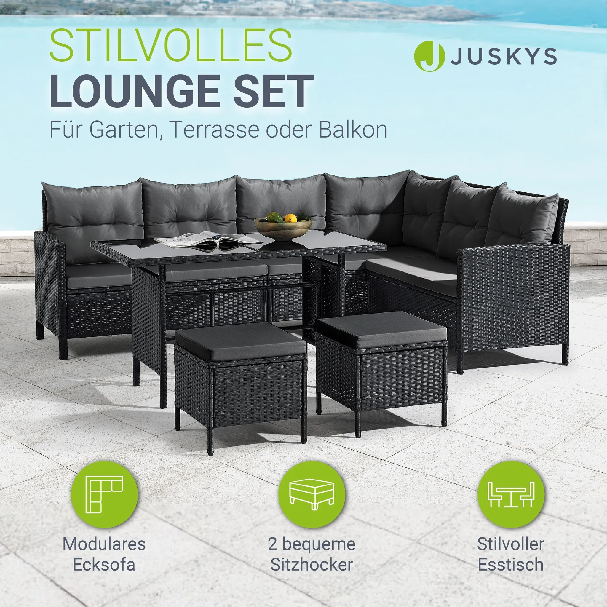 Juskys Polyrattan Lounge Manacor - Sofa. Tisch. Hocker & Kissen - Schwarz & Grau