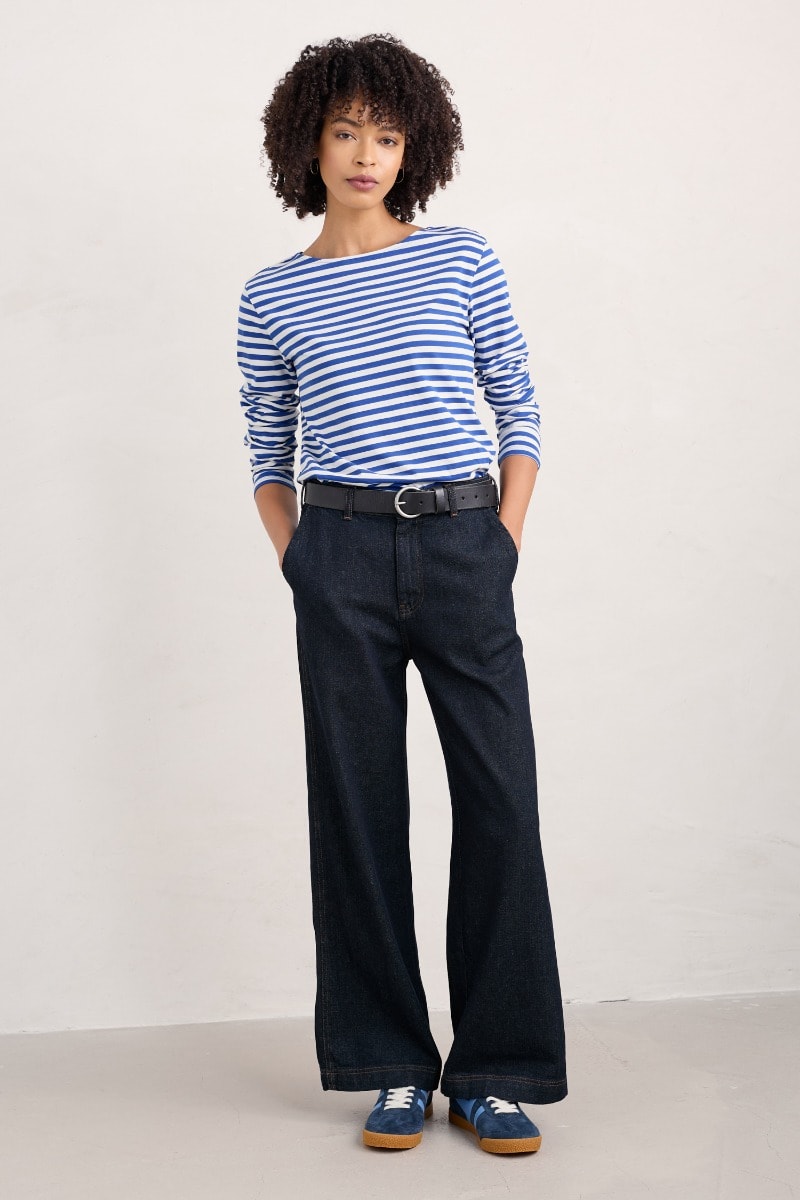 Breton striped top with dark jeans and snakeskin boots